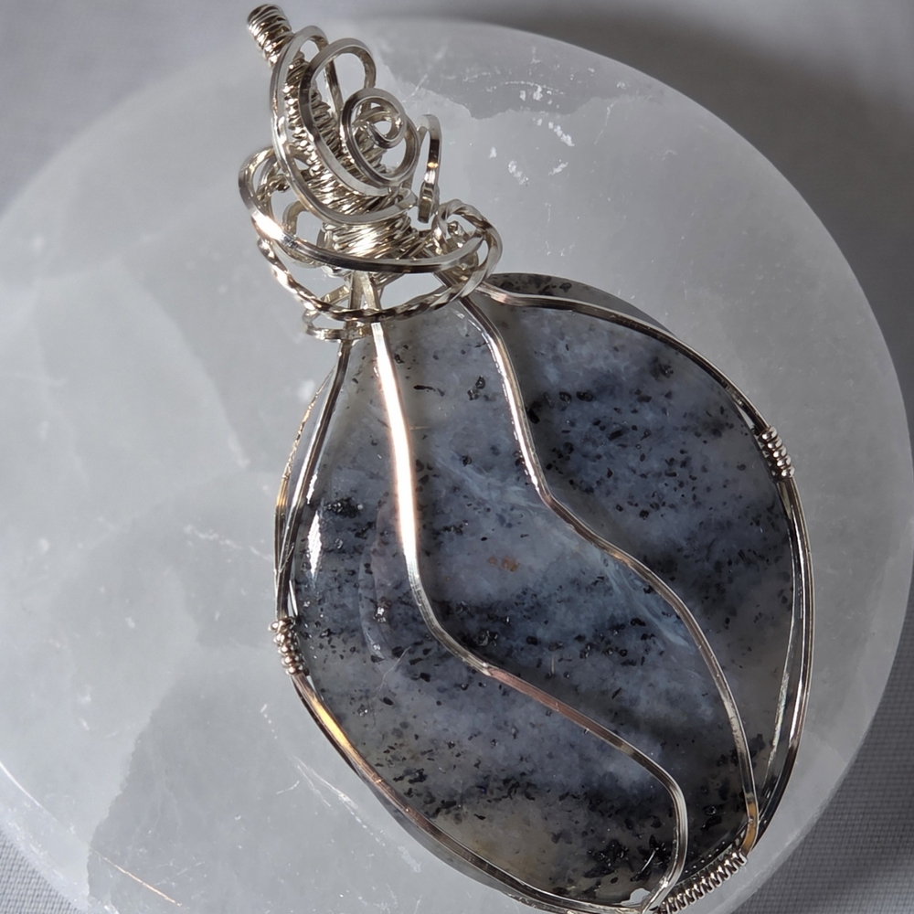 Artisan Silver Wire Wrapped Blue Dendritic Opal Pendant
